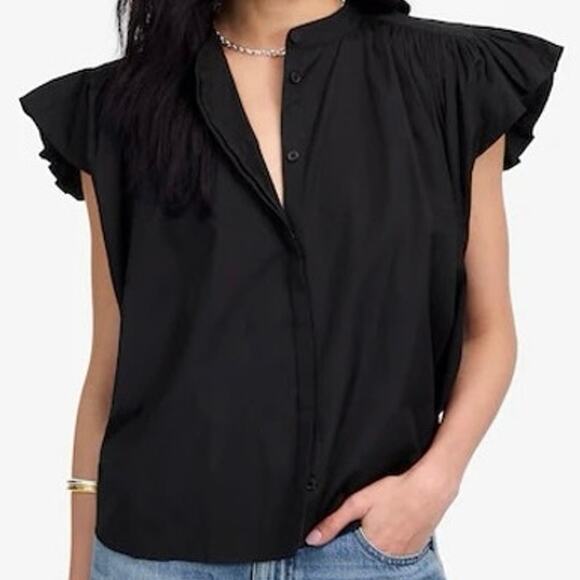 Madewell Poplin Shirred Jet Black Button-Up Shirt in Size Small - Picture 1 of 7